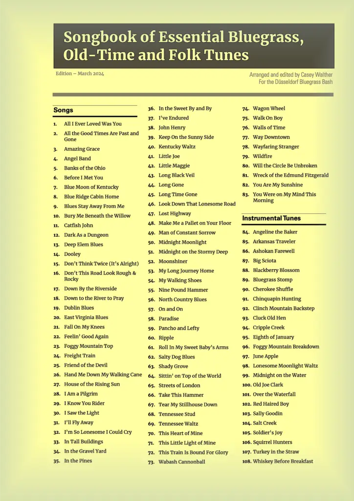 Song Book of Essential Bluegrass Old-Time and Folk Tunes